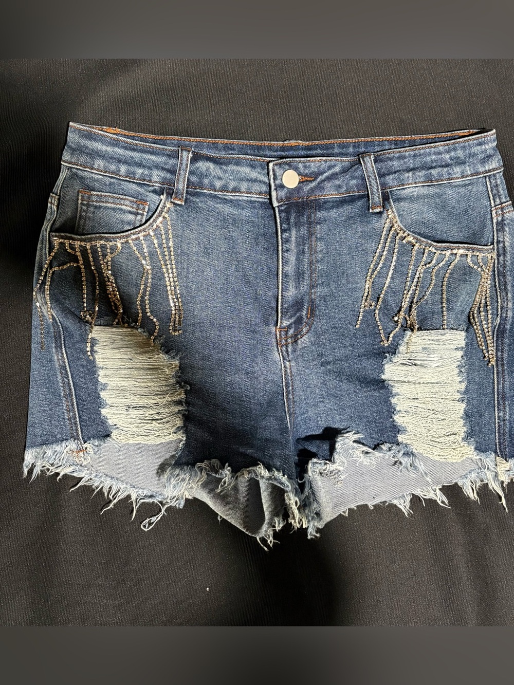 Frayed Hem Distressed Denim Shorts in Dark Blue